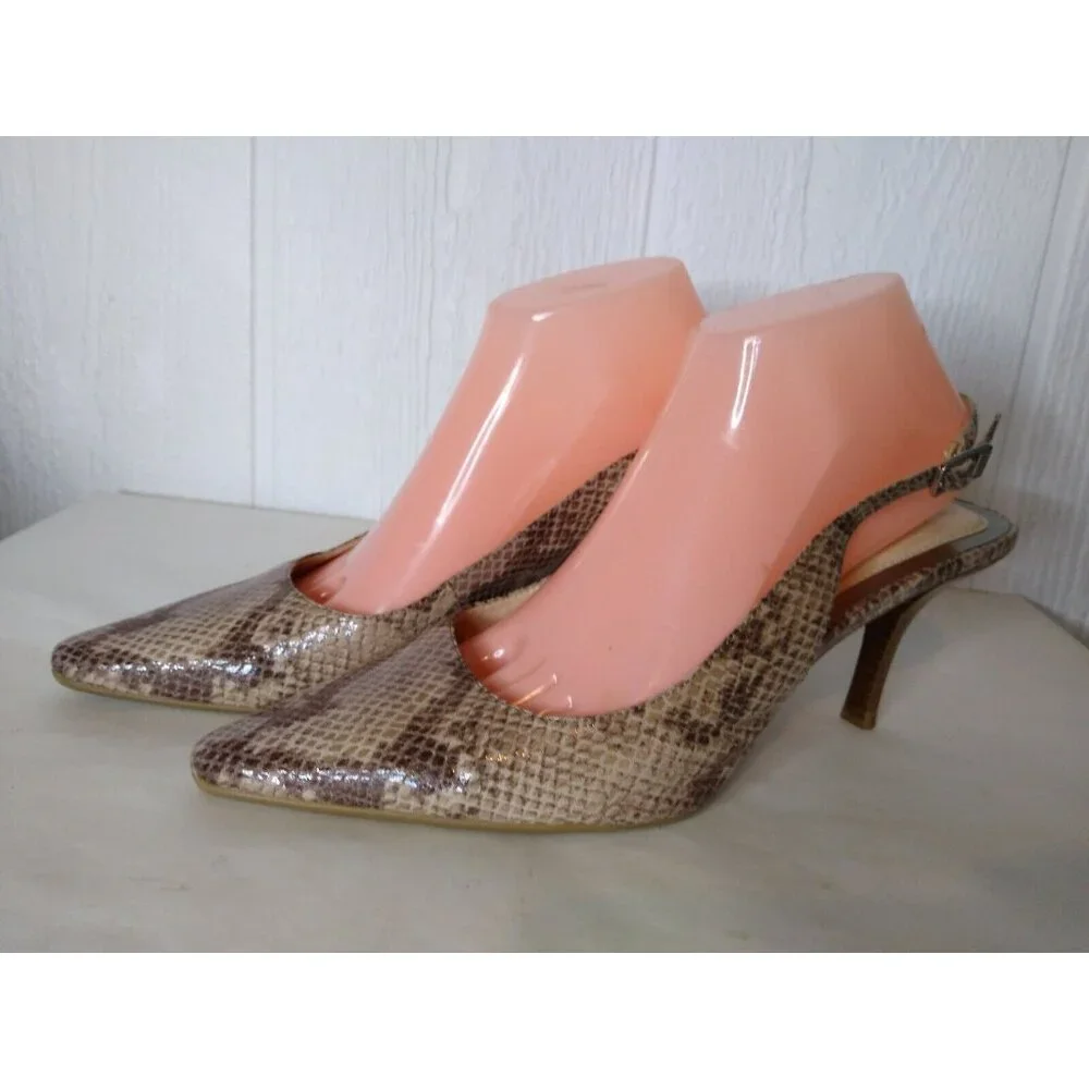 Calvin Klein DAY Women's 9.5 Snake Print Pointed Toes Slingback Brown Tan Heels - Picture 3 of 9